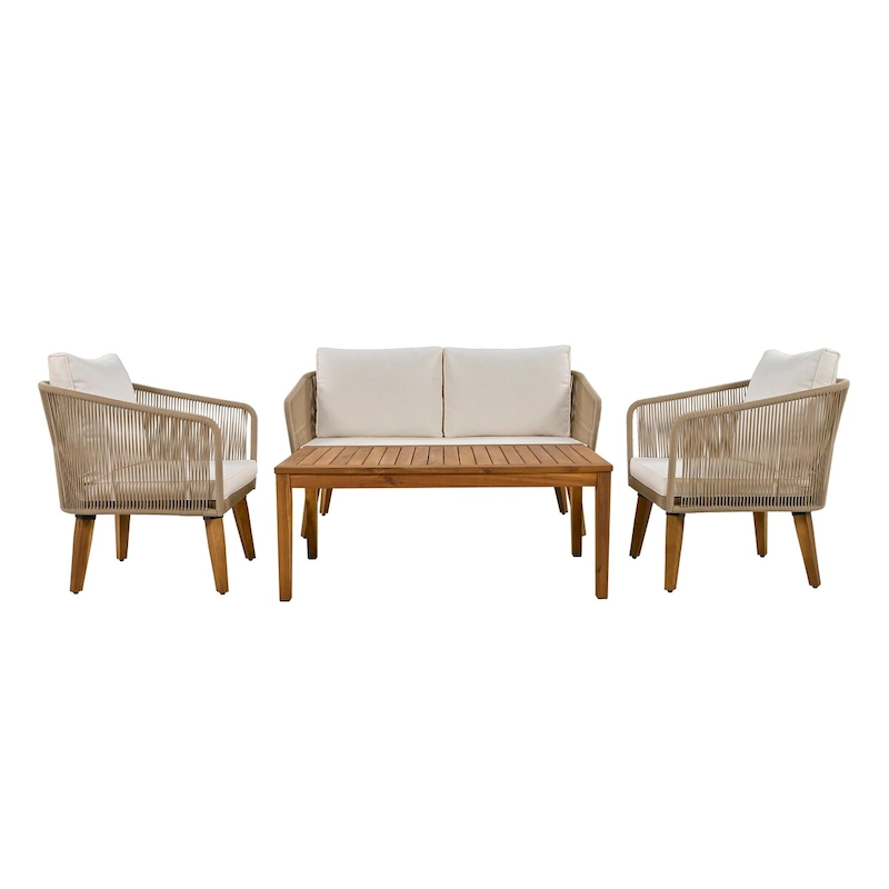 Outdoor Patio Conversation Sofa Set with Solid Wood Coffee Table