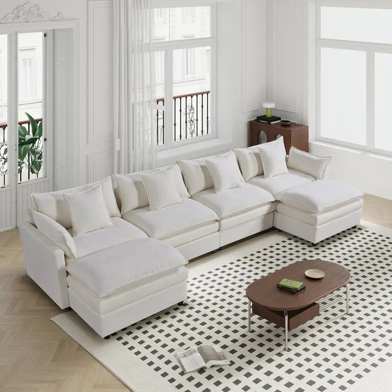 Spacious 142.52 U-Shaped Chenille Sectional Sofa with Double Cushions, Convertible Chaise and Ottomans
