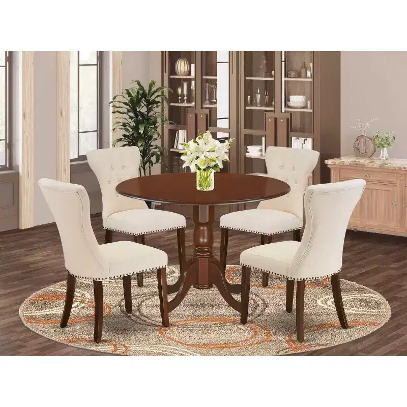 HomeStock 5-Piece Round Mahogany Finish Solid Wood Top Dining Table with 4 Parson Chair