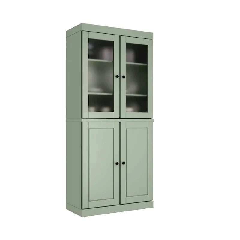 100% Solid Wood Pantry Cabinet with Frosted Glass Doors, Solid Doors, 2-Drawers and Adjustable Shelves