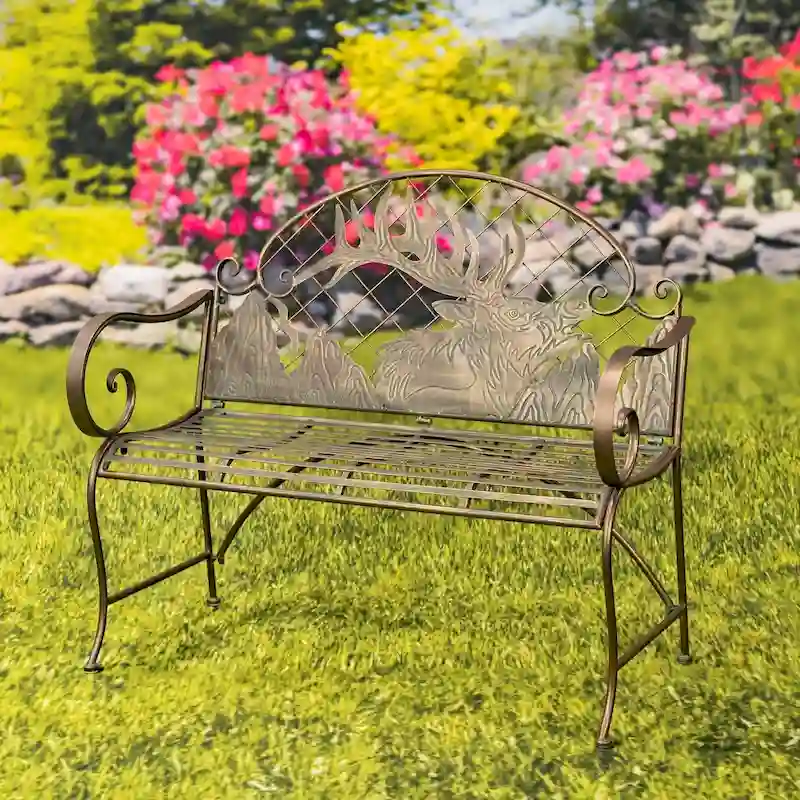 Round Top Iron Garden Bench with Caribou Backrest Selkirk - 43.7 L x 20.47 W x 37.4 H