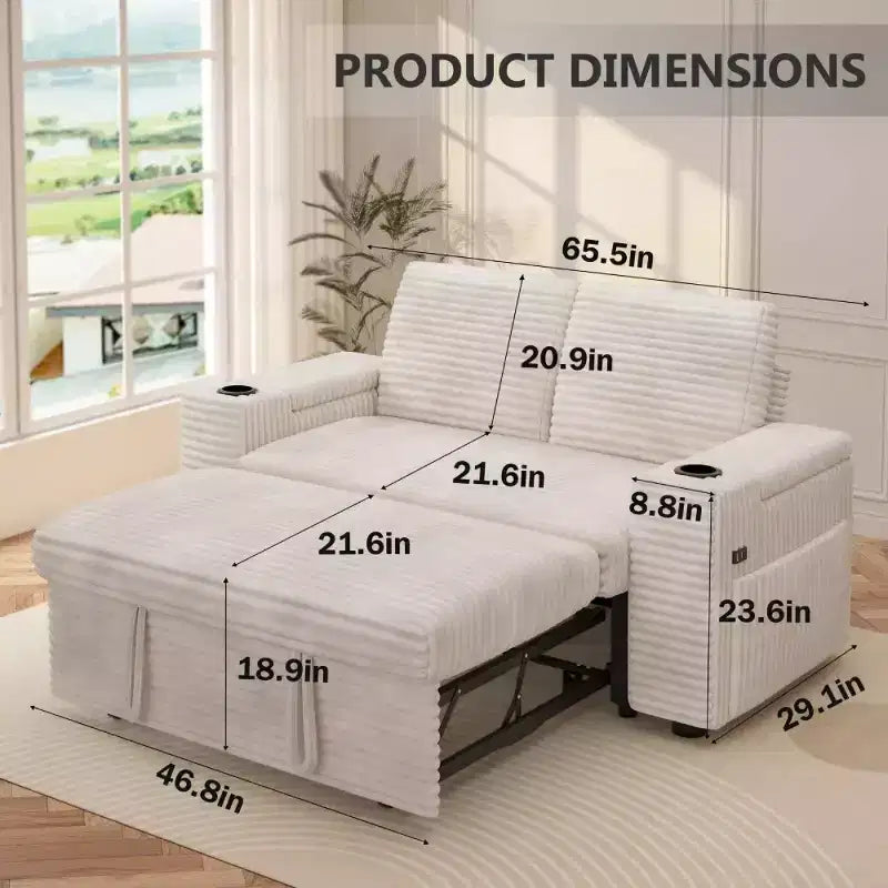 Dyonery 65 Corduroy Sleeper Loveseat Sofa with Pull-Out Bed Reclining Backrest Storage Arms USB Ports