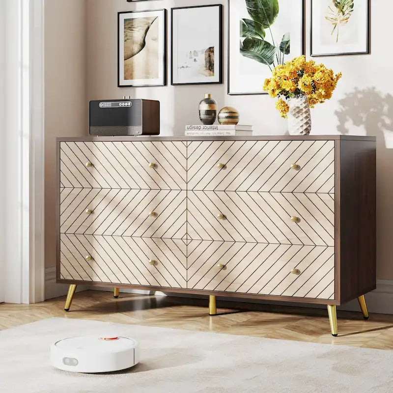 Brown / White 6-Drawer Dresser with Metal Legs, 1-Person Assembly