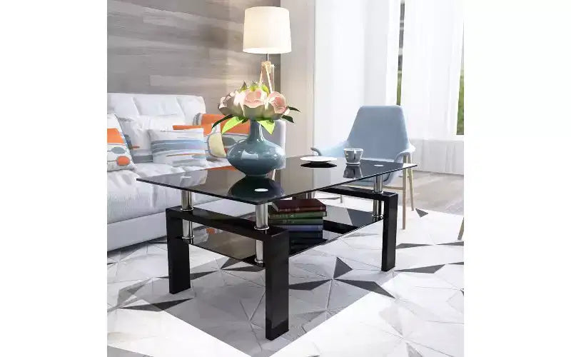 TUYOHW Double-Layer Glass Coffee Table with Iron Frame, 220Lbs Capacity Center Table for Living Room Office, Modern Side Table Tea Table