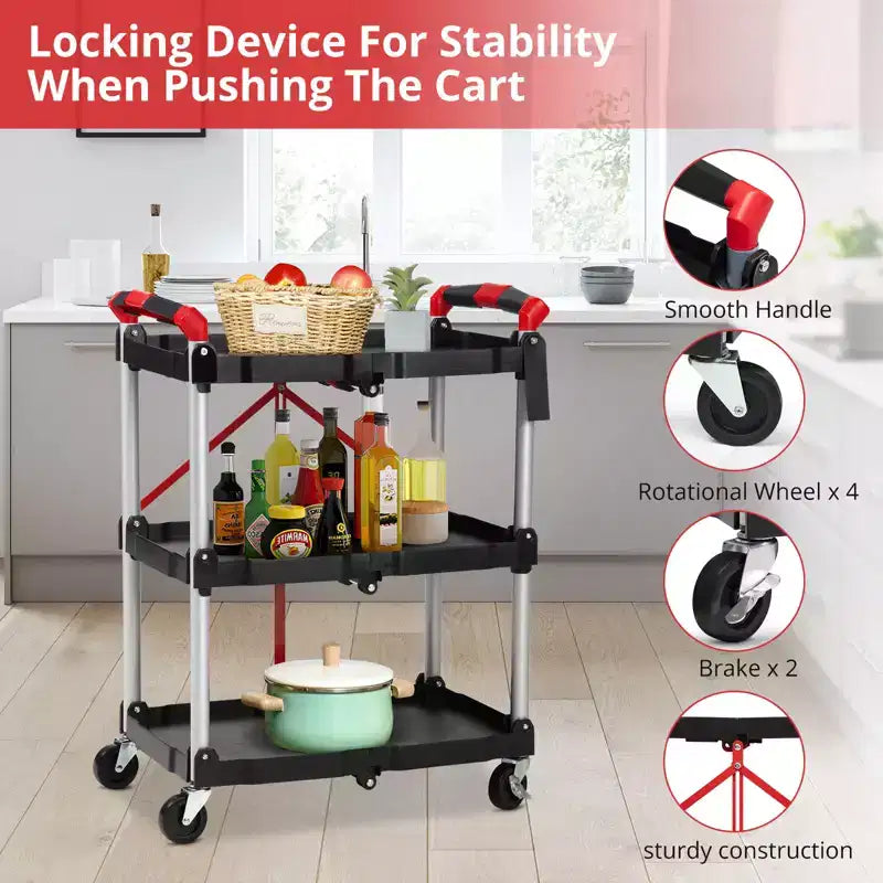 Collapsible 3-Tier Utility Cart with Lockable 360 Swivel Wheels, Heavy Duty 165 lbs Capacity, for Office, Garage, Workshop, Kitchen, Warehouse