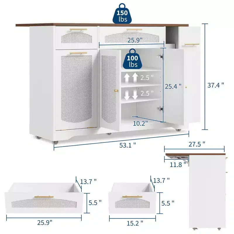 Kitchen Island on Wheels, 53.1 Wide Rattan Rolling Kitchen Island Cart, Drop Leaf Breakfast Bar, Tilt Out Trash Can Cabinet, Storage Cabinet