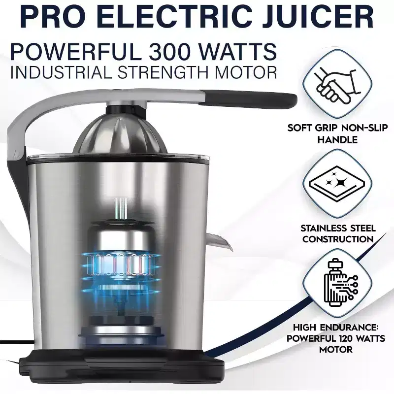 Eurolux 300W Citrus Juicer Power Pro Stainless Steel, Quiet, Dishwasher Safe, Anti-drip Spout