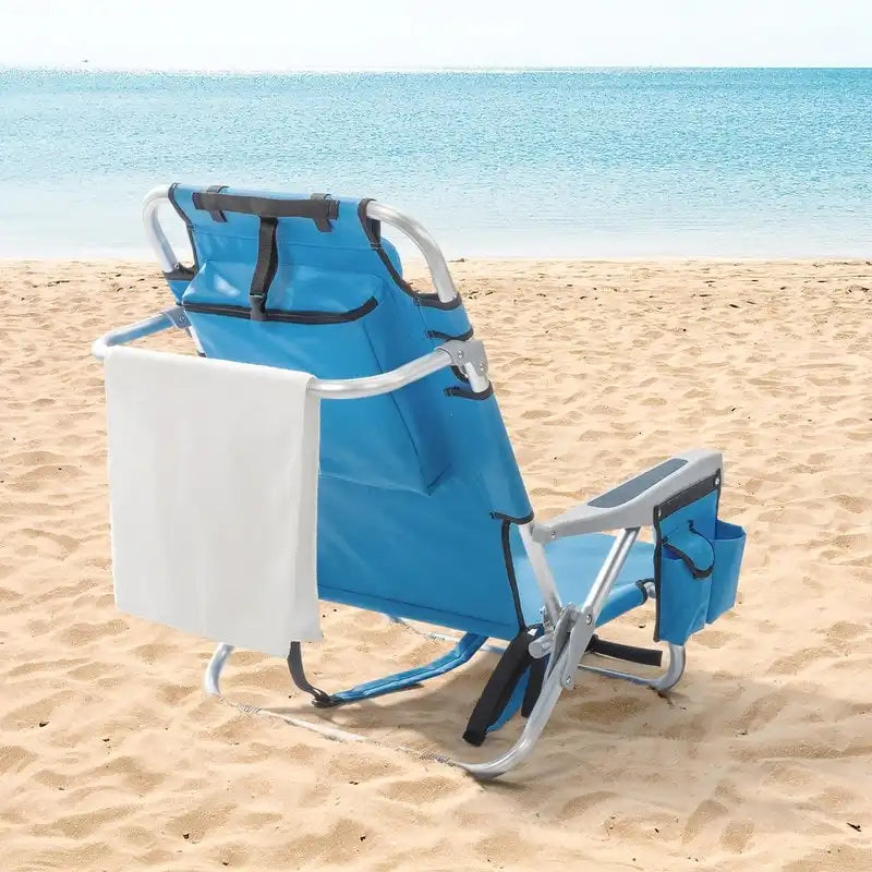 5-Position Classic Lay Flat Folding Backpack Beach Chair, Aluminum , Blue