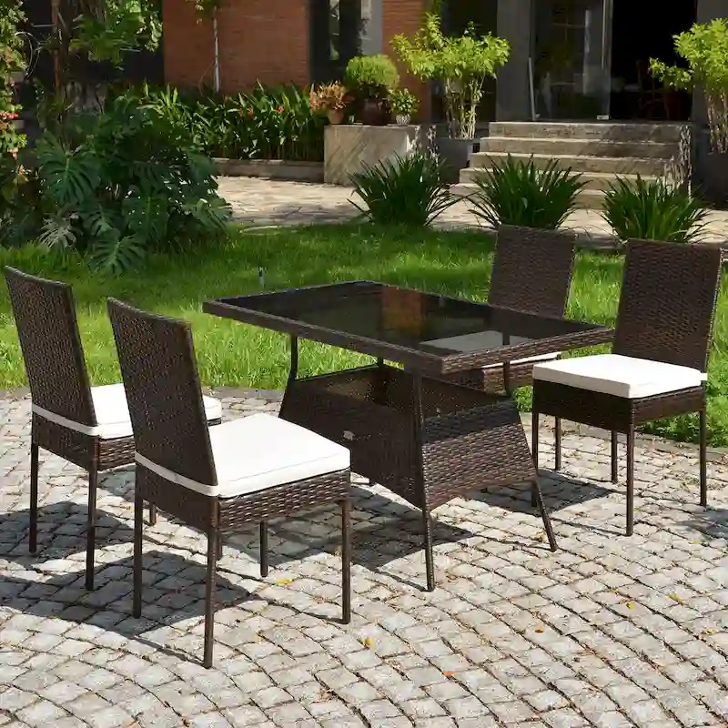 Costway 5 PCS Patio Rattan Dining Set Glass Table High Back Chair - 5-Piece