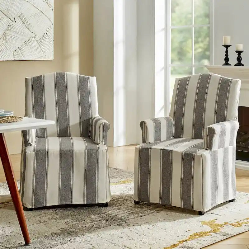Upholstered Slipcover Arm Dining Chair with Soild Wood Legs Set of 2 by