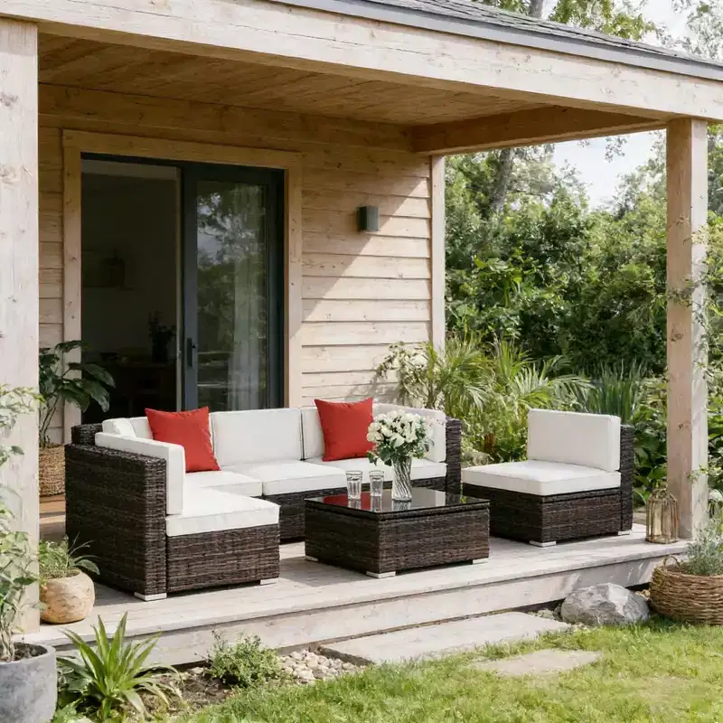 GDFStudio Paige 6-Piece Outdoor Conversation Sofa Set with Ottoman and Tempered Glass Coffee Table