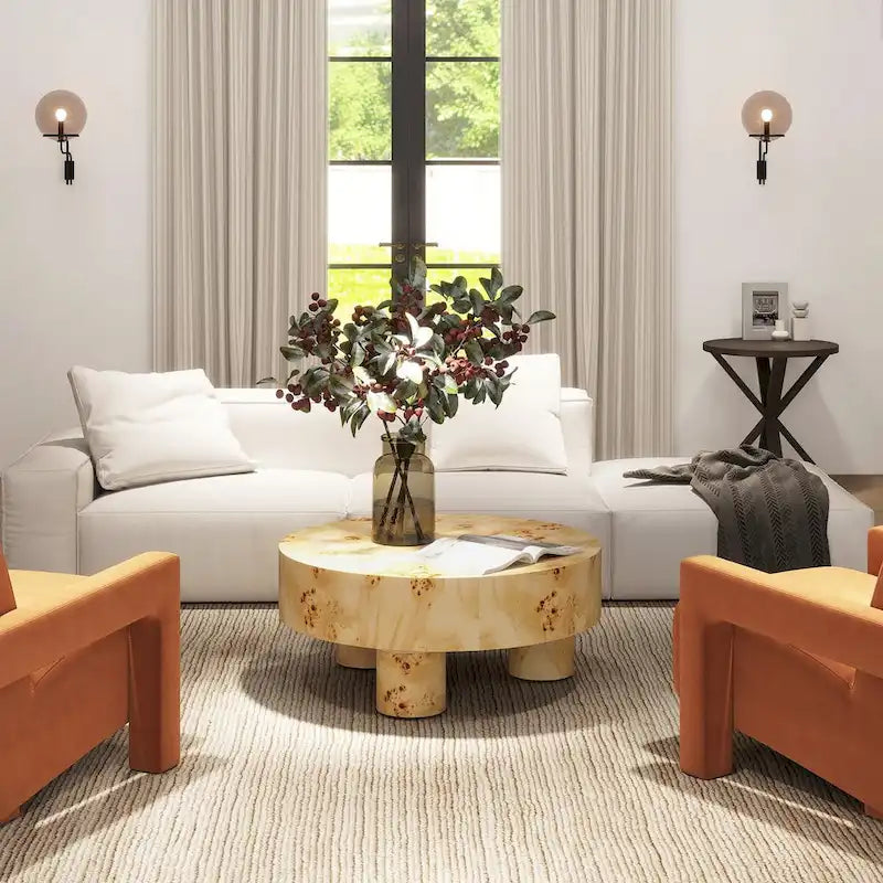 Nebula 35.5 Burl Wood Round Coffee Table with Pillar Legs