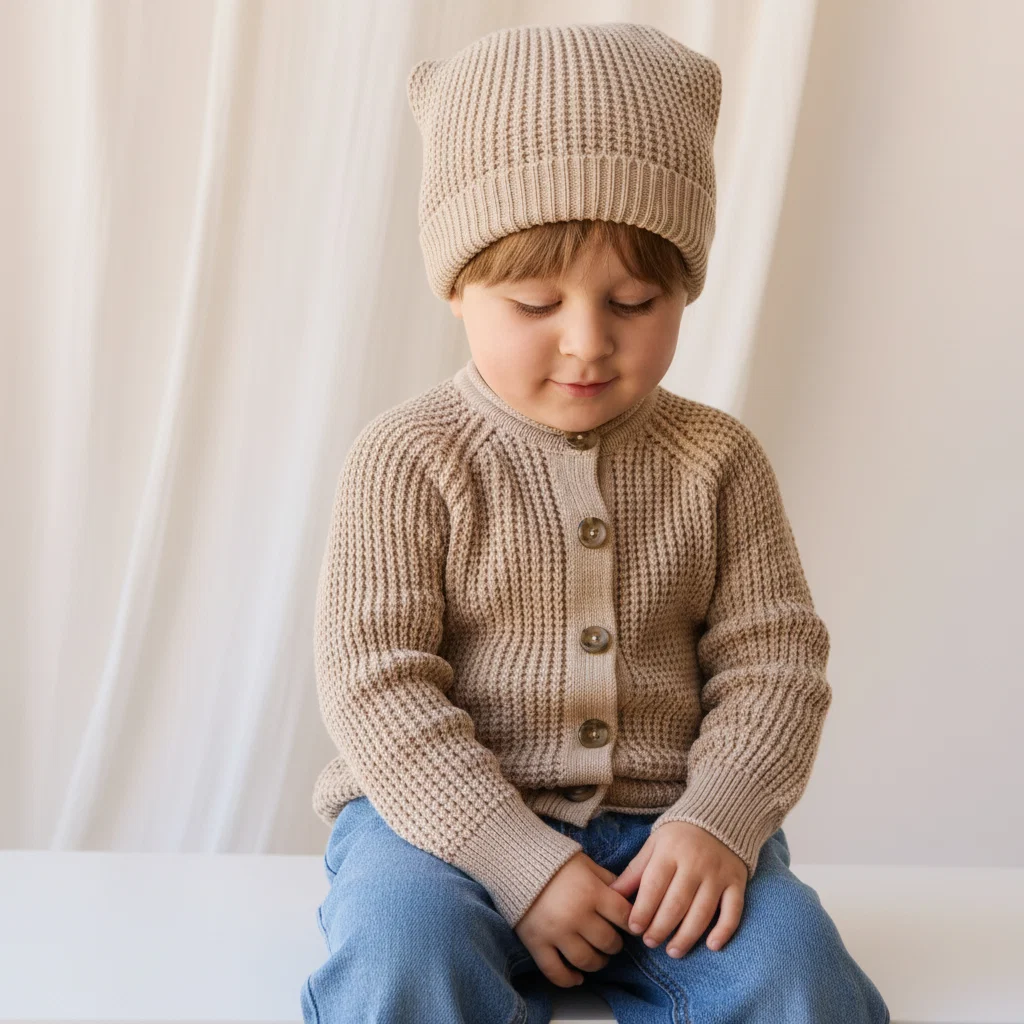 Classic Sand Dune Marle Solid Cotton Knit Beanie with Folded Brim & Pom-Pom Detail for Kids Cool Weather Accessories