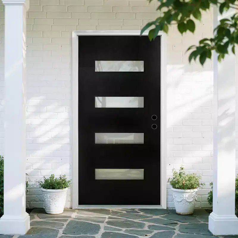 36 x 80 Fiberglass Entry Door with Brickmould, Frosted Glass, Black Finishe Knock-Down Fiberglass Door