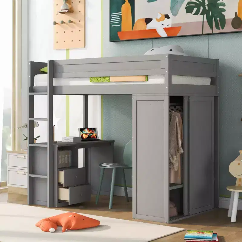 Phillips Loft Bed with Wardrobes and 2-Drawer Desk with Cabinet