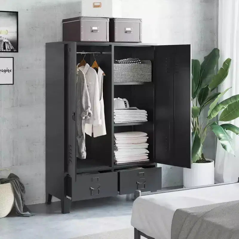 vidaXL Wardrobe Black Steel, Plastic Compact Wardrobe Rectangular