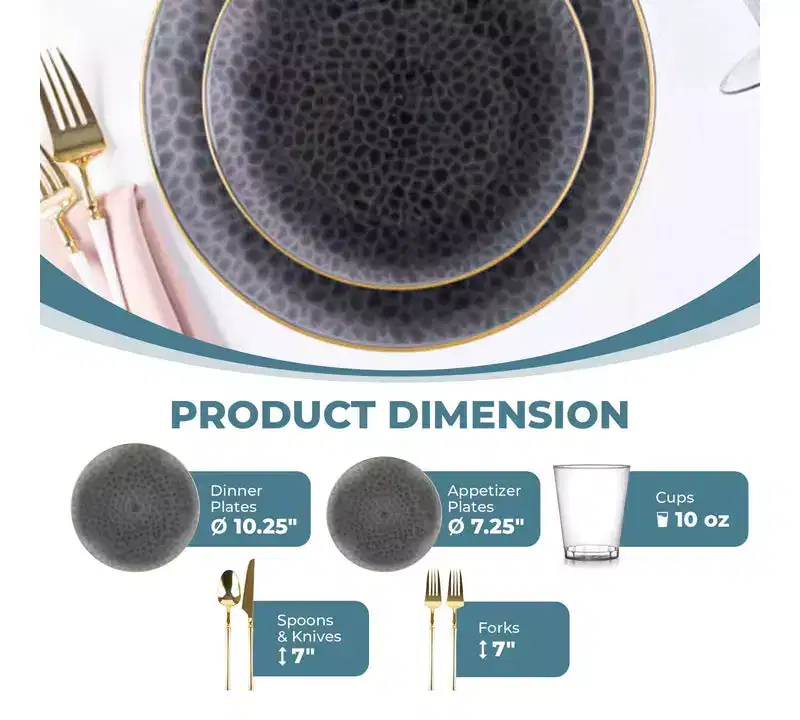 Posh Setting 420 Piece Transparent Black And Gold Plastic Party Bundle - Organic Hammered (60 Settings)