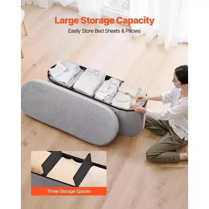 VIYET 44.49 Grey Oval Foldable Teddy Fleece Storage Ottoman Bench, 660LBS for Bedroom/Entryway/Living Room
