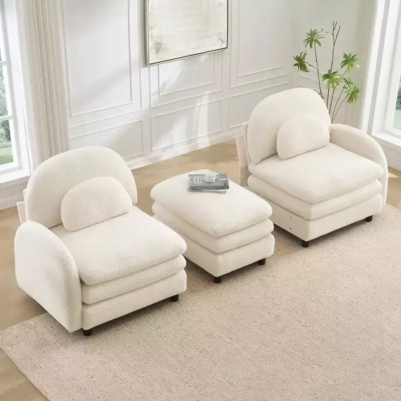 GDFStudio Steini Modern 117 2-Seater Teddy Upholstered Sectional Sofa with Curved Lumbar Pillows and Movable Ottoman