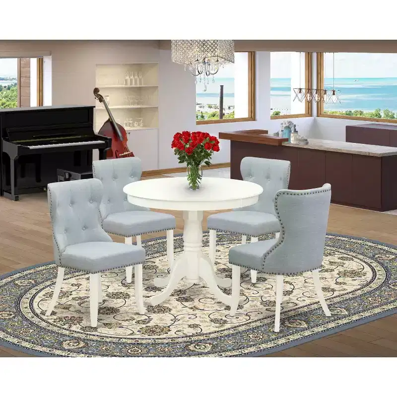 HomeStock 5-Piece Round Linen White Finish Solid Wood Top Dining table with 4 Chairs