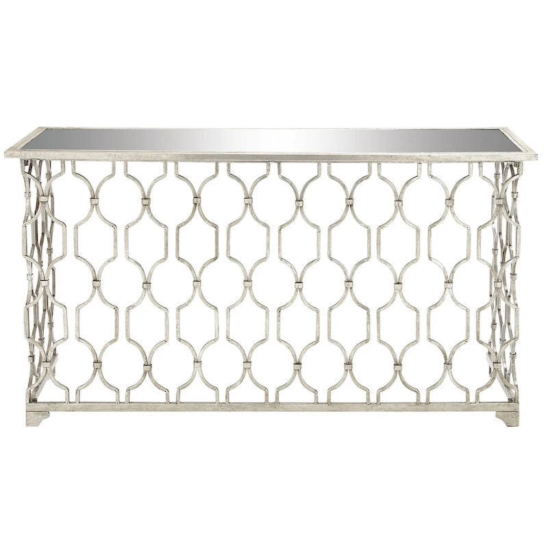 Metal Geometric Console Table with Mirrored Glass Top - Silver - - 18Wx55Lx32H