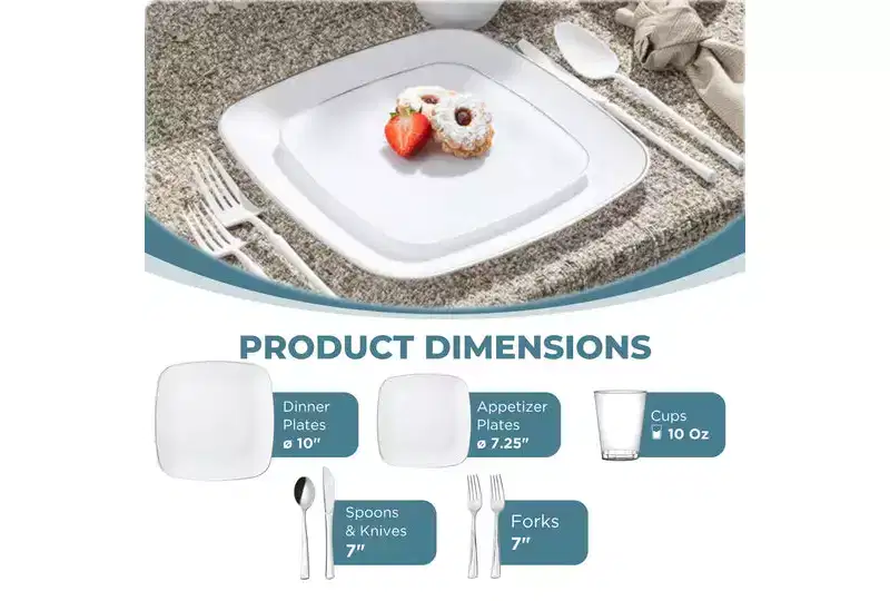 Posh Setting 840 Piece White And Silver Plastic Party Bundle - Classic Square (120 Settings)