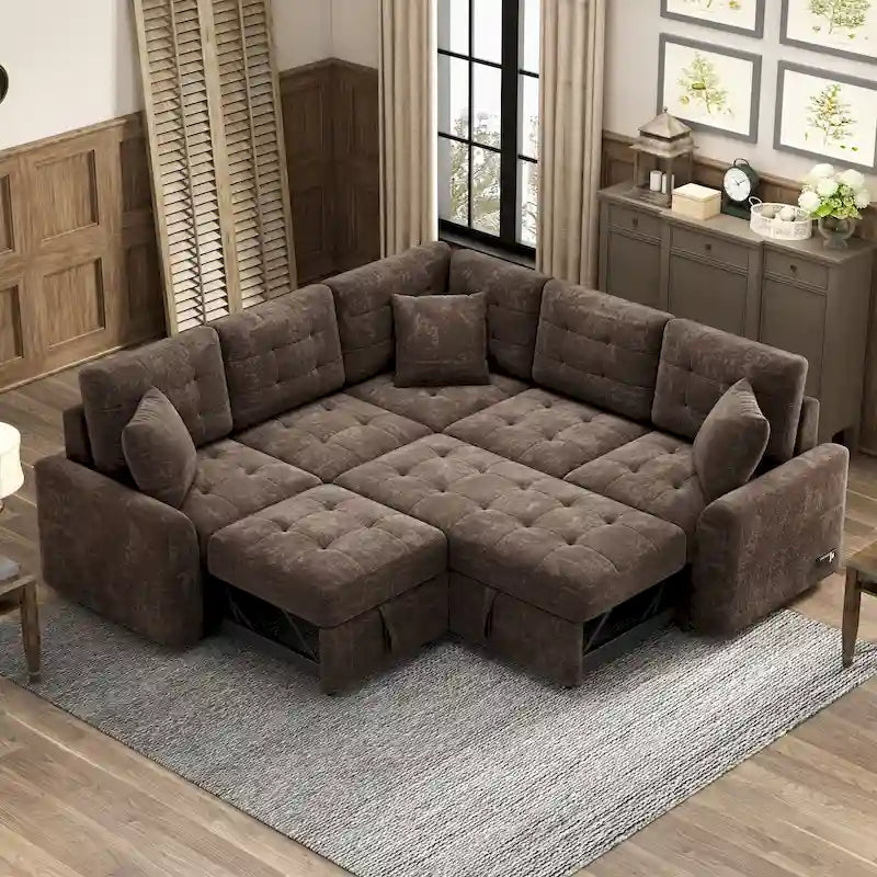 Roomfitters Pull-Out L-Shape Sofa Bed with Wheels, USB Ports, and Power Sockets, Functional Sleeper Sofa for Living Room Comfort
