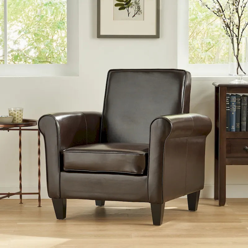 Bonded Leather Club Chair with High Back & Birch Wood Legs