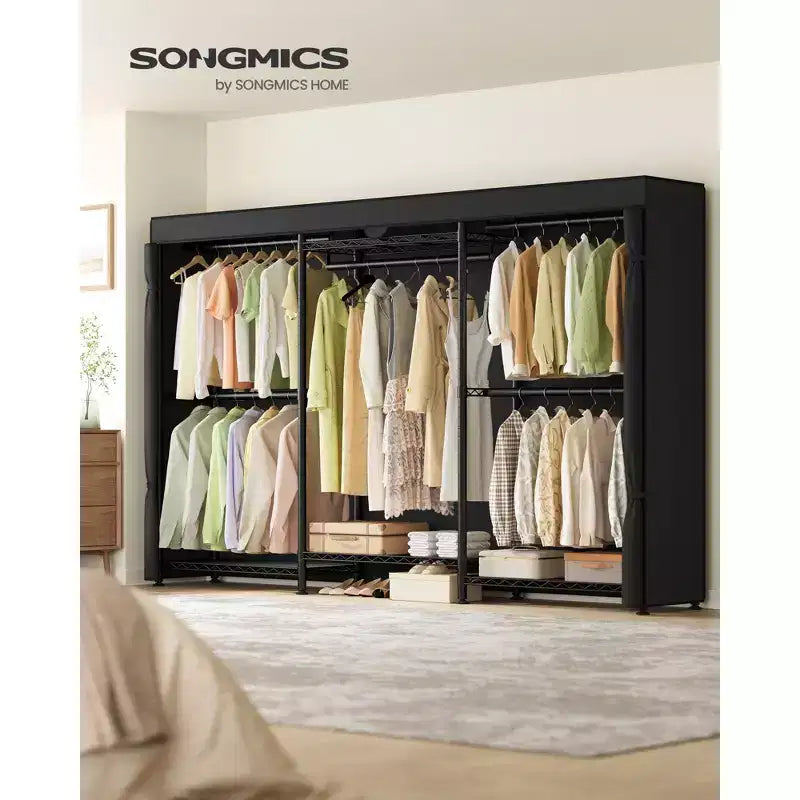SONGMICS Heavy-Duty Rolling Clothes Rack, Portable Closet on Wheels, with Adjustable Mesh Shelves and Hanging Rails, Fabric Cover, Ink Black