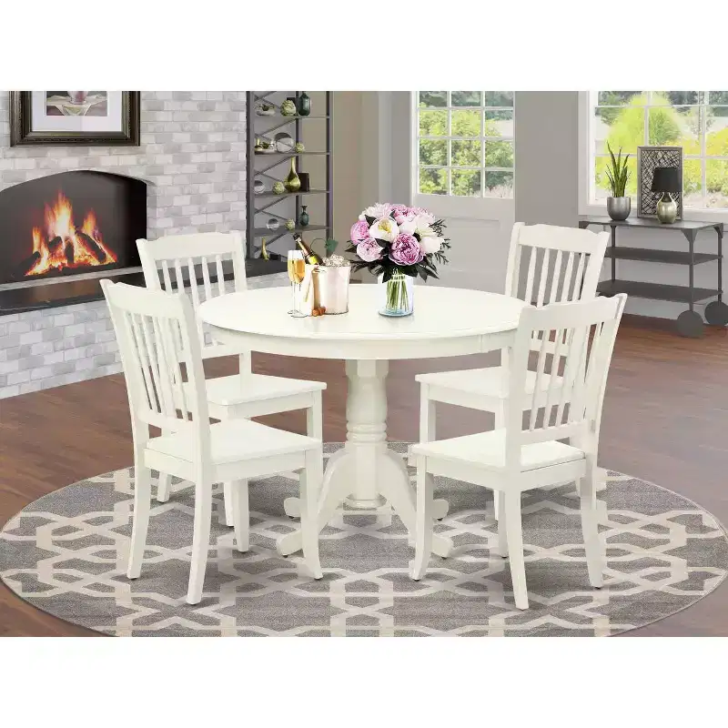 Round Dining Set 5Pc Asian Style - 42 Inch Table & 4 Chairs - Modern Elegant Dining Room Furniture