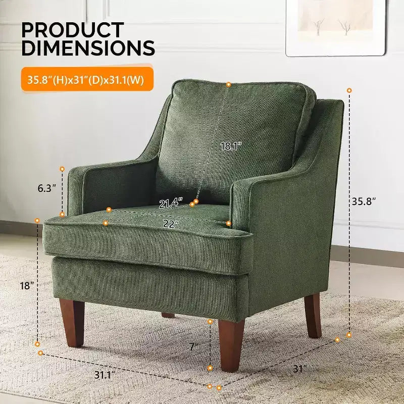 VINGLI Mid-Century Accent Chairs, Green Upholstered Armchair Comfy Sofa Chair Reading Chair High Back Living Room Bedroom Furniture for Apartment