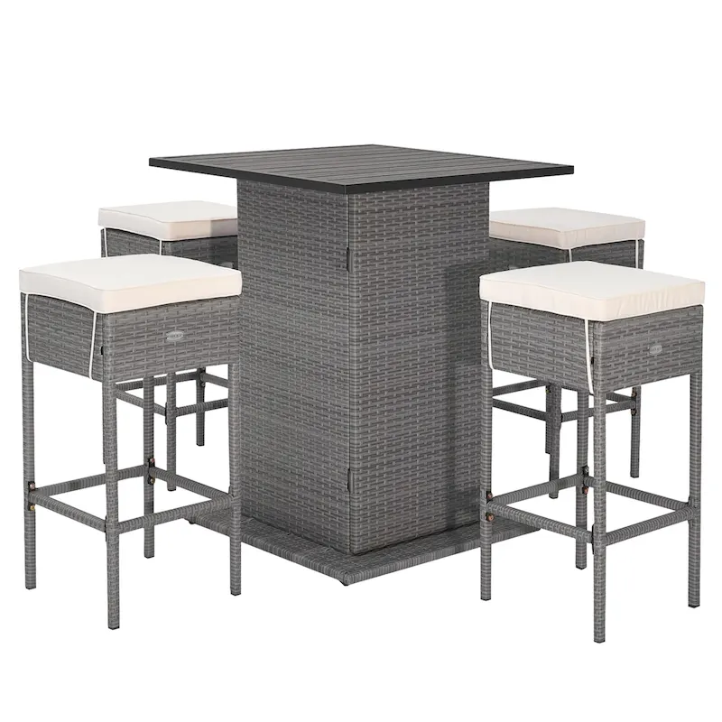 5 PCS Outdoor Wicker Bar Table Set w/ Storage Shelves Bar Table Stools