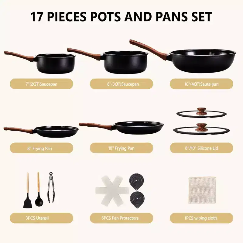 ROVSUN 17 Pcs Nonstick Pots and Pans Set, Cast Aluminum Kitchen Cookware Set, RV Kitchen Cooking Set, Dishwasher Safe, PFAS PFOA & PFOS Free, Black