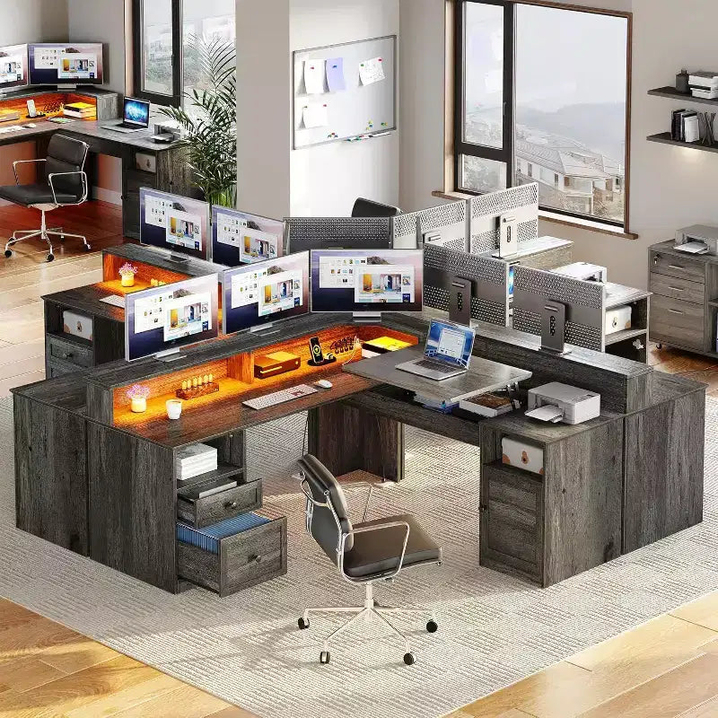 Balconera L Shaped Desk with Drawers 60inch Corner Computer Desk with Power Outlets & Lift Top with Storage Cabinet & LED Lights Grey