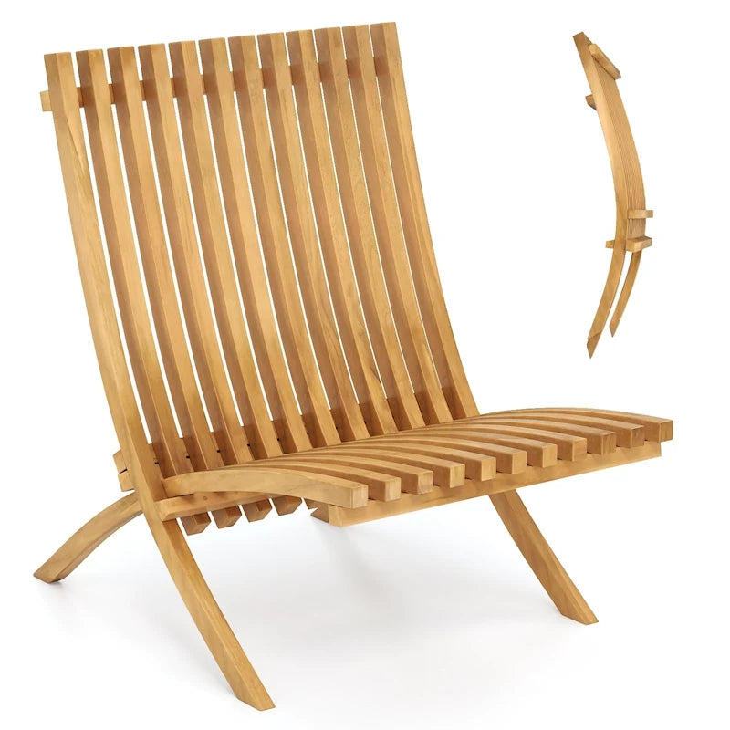 Gymax Folding Patio Chair Teak Wood Outdoor Lounge Chair w/ Slatted