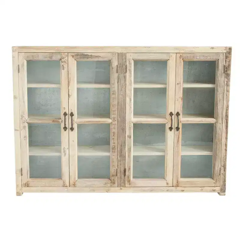 40 Tall 4-Door Reclaimed Wood and Metal Storage Cabinet with Glass Doors, Brown