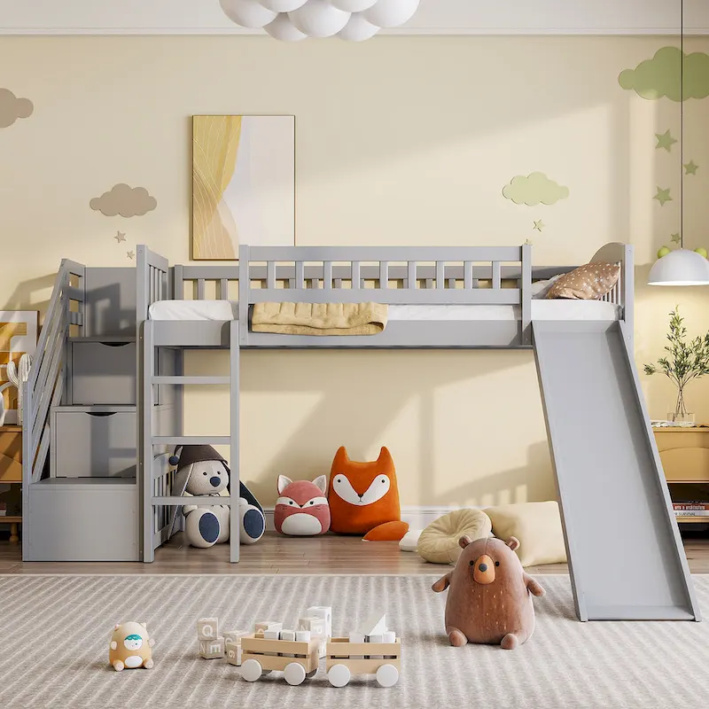 Twin Loft Bed with Staircase, Slide and 2 Storage Drawers, Wood Frame, Kids Room