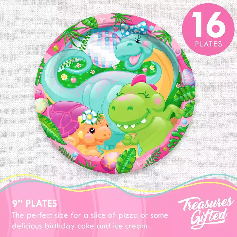 Treasures Gifted Girl Dinosaur Birthday Party Supplies Tableware Classic Set for 16 Guests