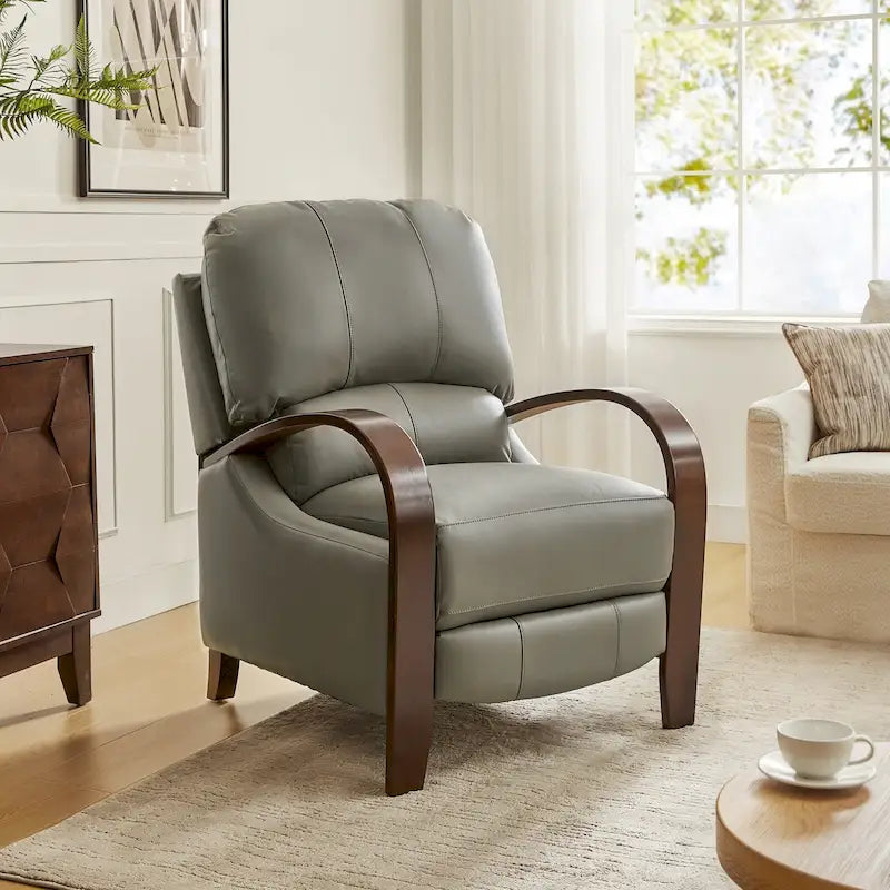 Alex Mid-century Modern Cigar Genuine Leather Manual Recliner with Wooden Curved Arms