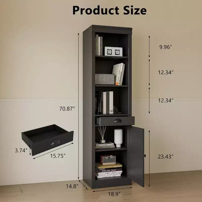 71 Tall Bookcase with Drawer & Cabinet Doors - 3-Tier Adjustable Shelf Storage Cabinet for Living Room, Office, Bedroom, Black