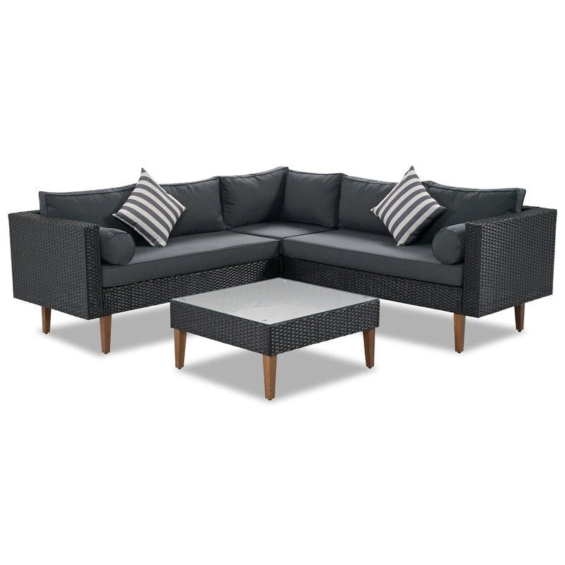 4-pieces L-shape Wicker Sofa Set with Colorful Pillows