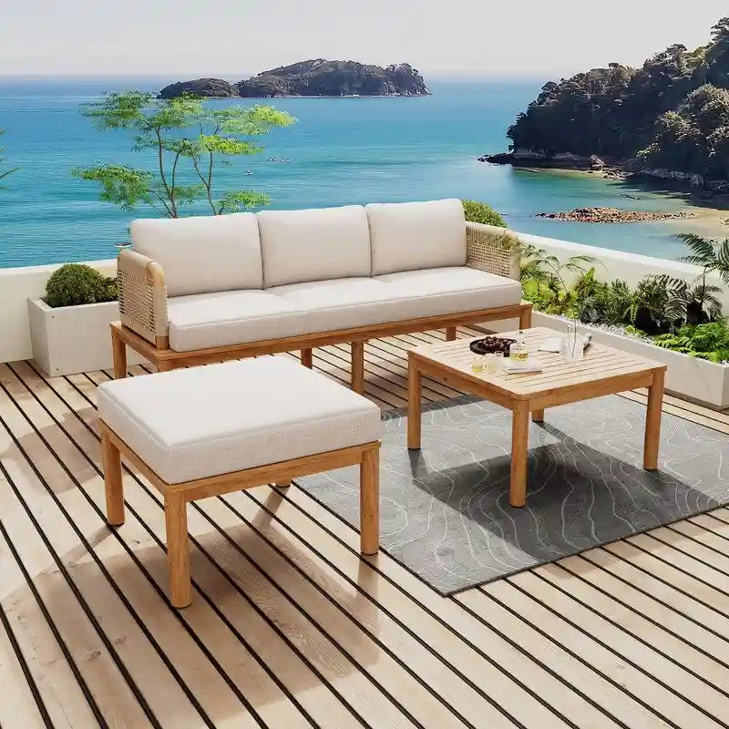 Outdoor 3-piece Acacia Wood and Rope Patio Sofa Set - 75.5 W x 26.75 D x 27.00