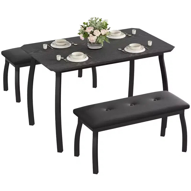 Dining Table Set for 4, Metal Frame Kitchen Table Set with 2 Upholstered Bench, 3 Piece Dining Room Table Furniture for Apartment, Studio, Home
