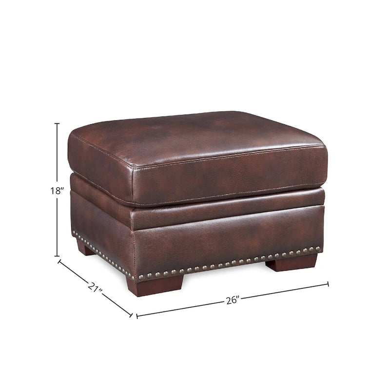 Top Grain Leather Square Ottoman with Nail Head Trim