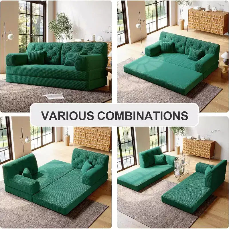 MooxvMoo 79 Modular Sectional Sofa Bed Convertible, Pudding Floor Sofa, Compression Sleeper for Living Room Bedroom, Dark Green