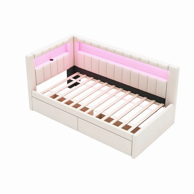 Lit plateforme rembourré avec ports USB et éclairage LED - Cadre de lit double/simple avec 2 tiroirs de rangement - Chambre moderne