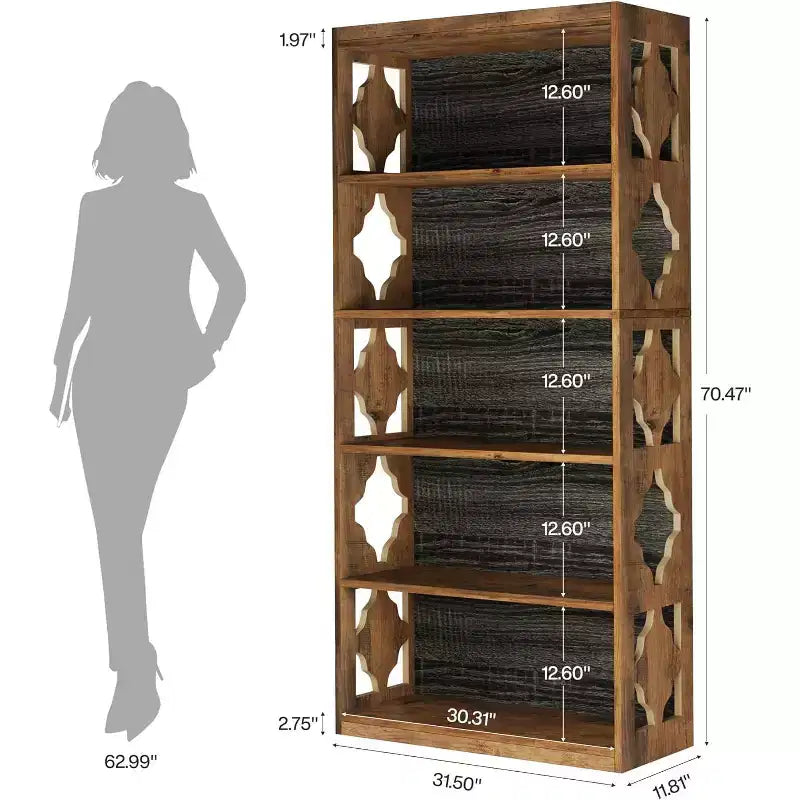 Lantine 6-Tier Bookcase, 70-Inch Tall Freestanding Bookshelf with Storage Shelves, Wood Display Shelving Unit for Living Room, Vintage Brown & Gray