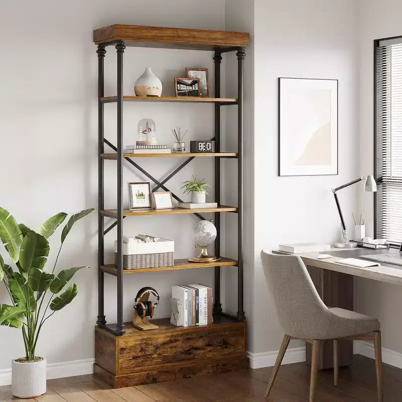 6 Tier Bookshelf with Storage Drawer, 81 Tall Metal Frame Book Shelf, Open Storage Bookshelf for Living Room Office Bedroom Home Library