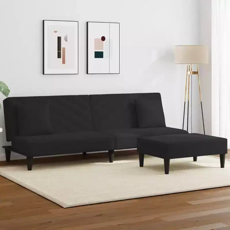 vidaXL Black Velvet Convertible Sofa Bed Set with Footstool and Pillows - 78.7 Modern 2-in-1 Daybed/Twin Bed for Living Room, Lounge