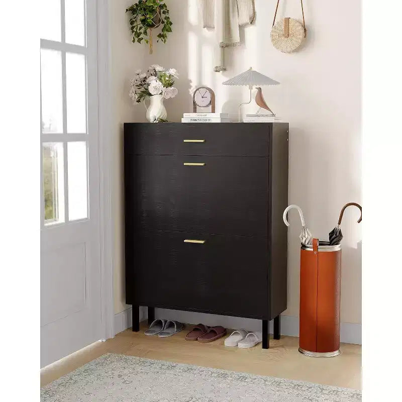 Acekool 3-Tier Shoe Storage Cabinet , Flip Drawer Organizer with Adjustable Shelves for Entryway, Hallway or Bedroom
